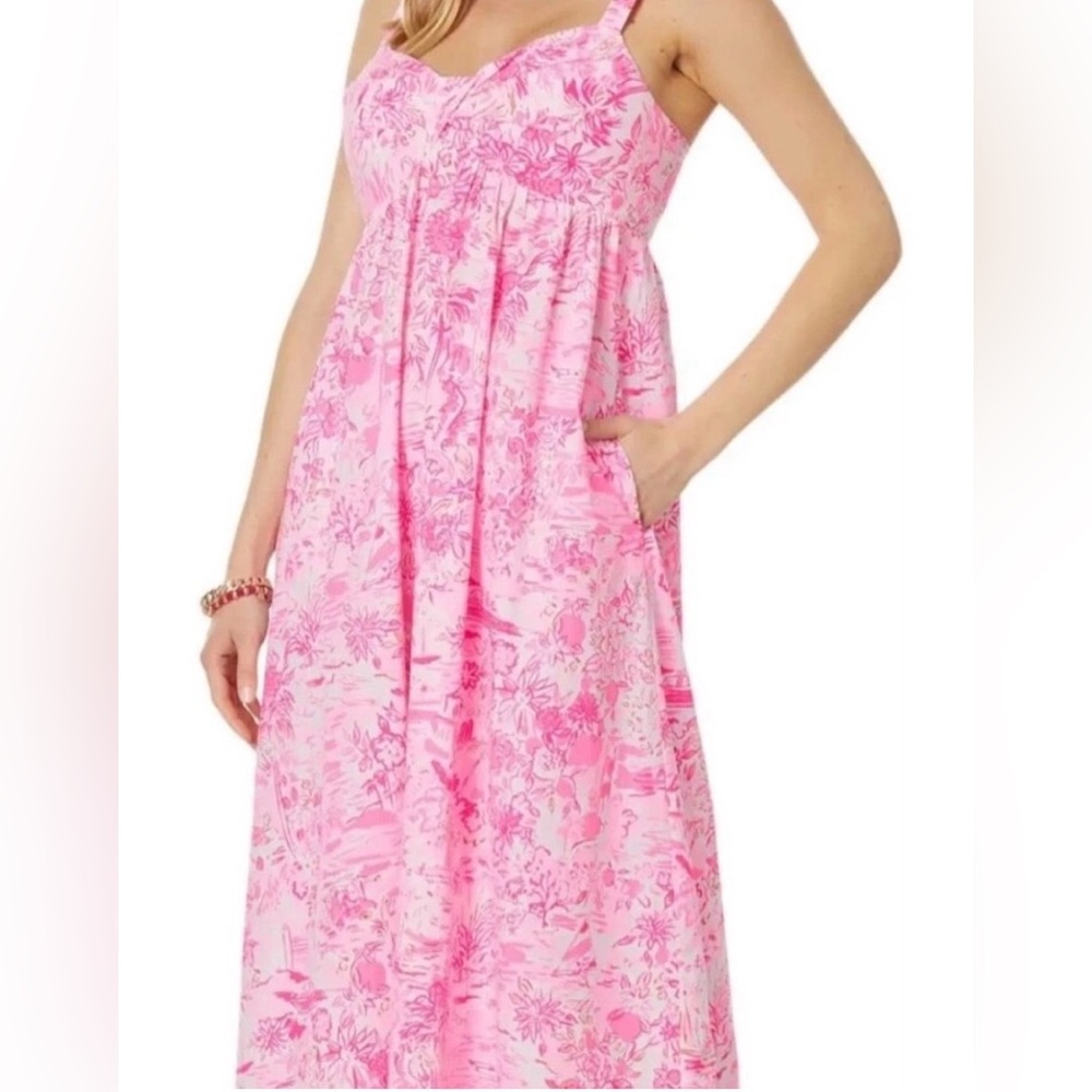 NWOT Lilly Pulitzer Azora Cotton Midi Dress Peony Pink Seaside Scene Size 14